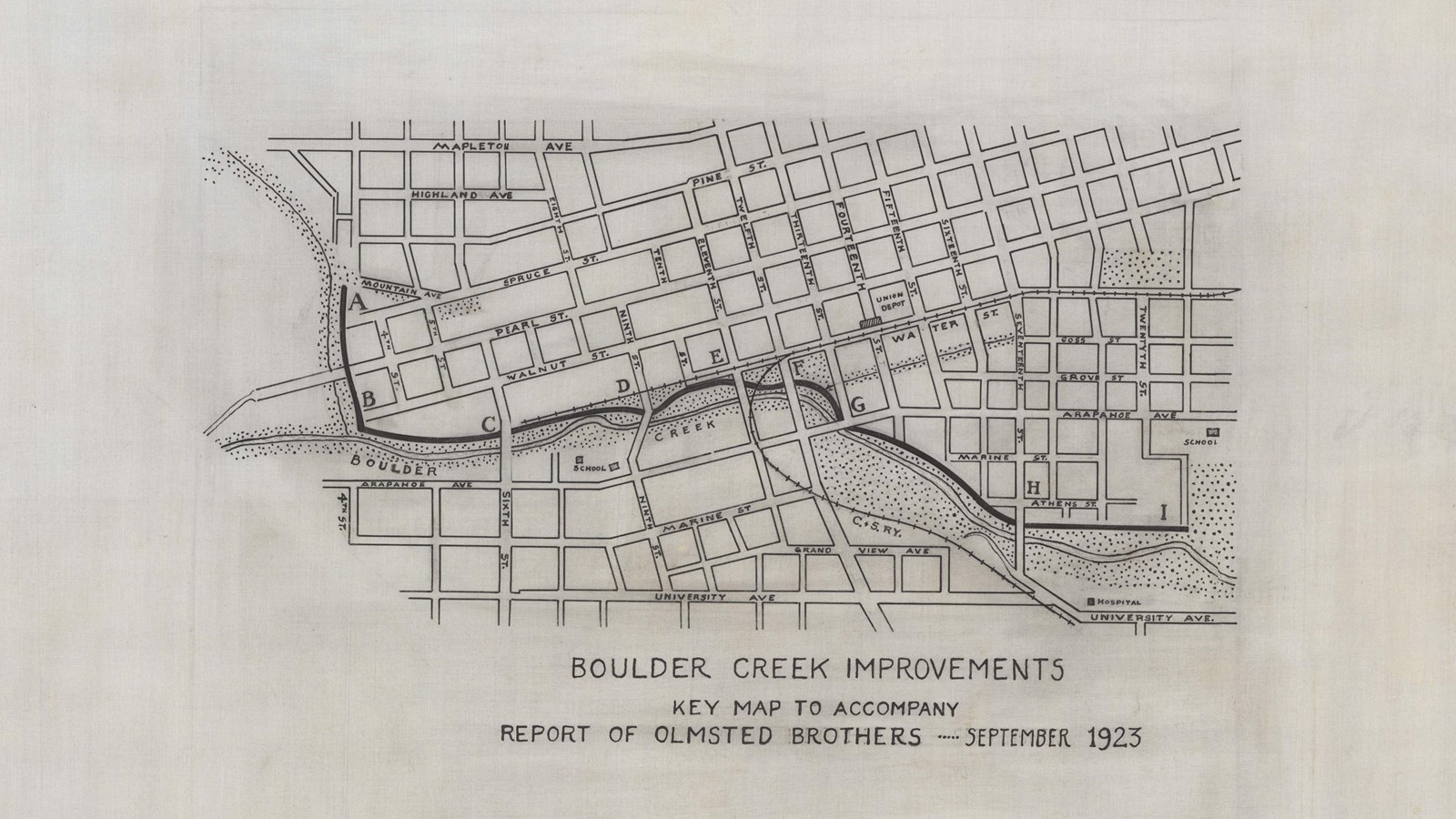 Pencil drawing of curving creek cutting through grid like city streets