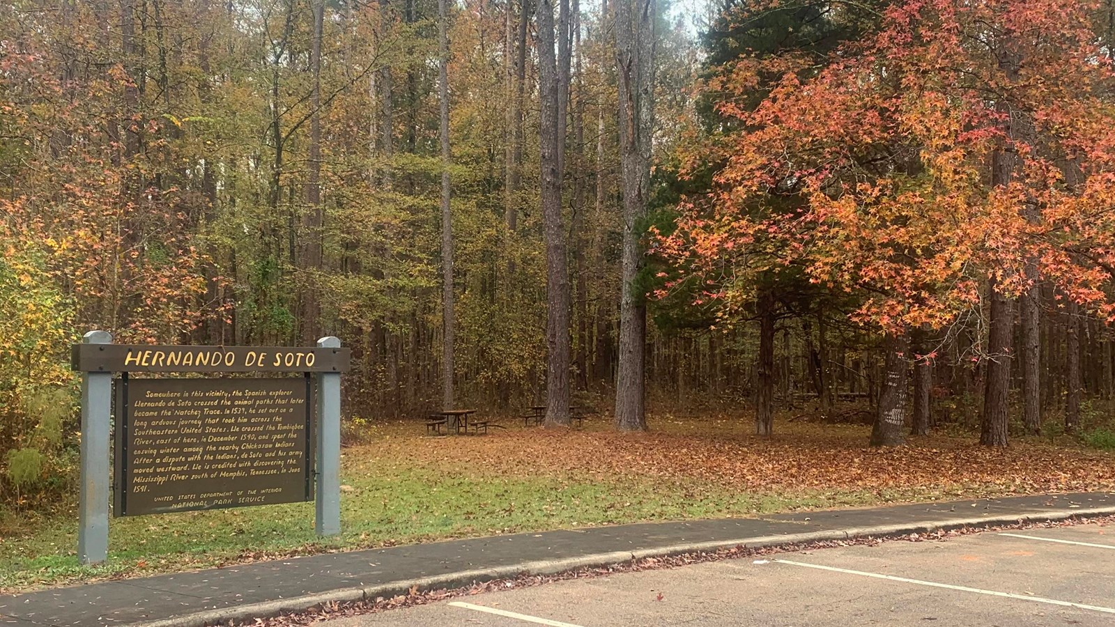 Brown wooden sign with yellow letters boarders parking lot. Tree with orange leave in background.