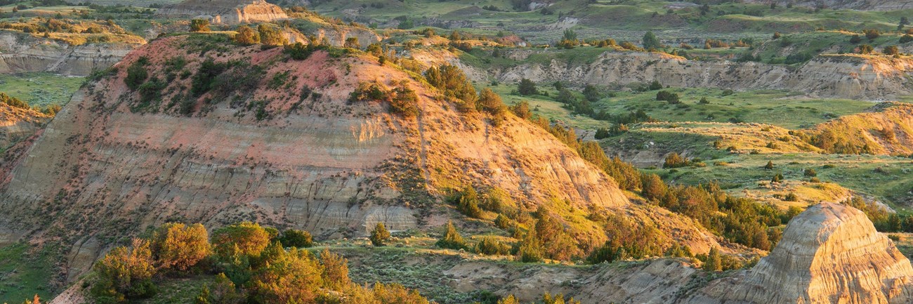 Sunshine highlights slopes on rolling badlands landscape.