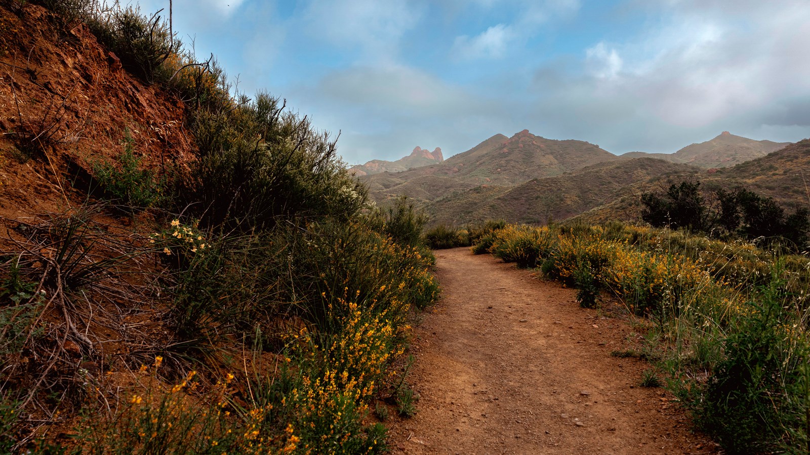 Trail view that leads to green mountains against a blue sky.