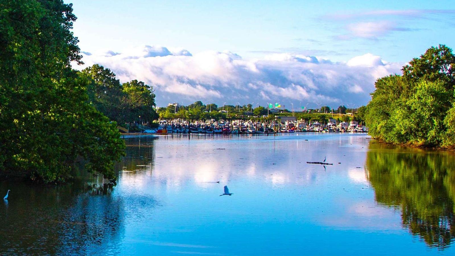 River channel lined with trees and a marina in the distance