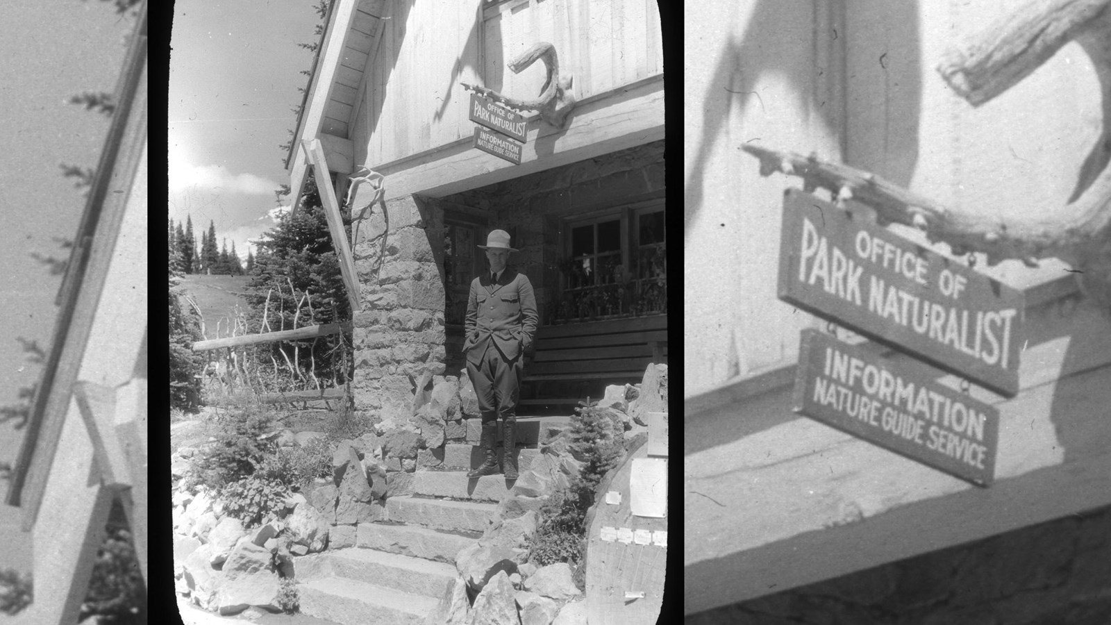 A park ranger with a flat hat stands on stone steps that lead up to a wooden building