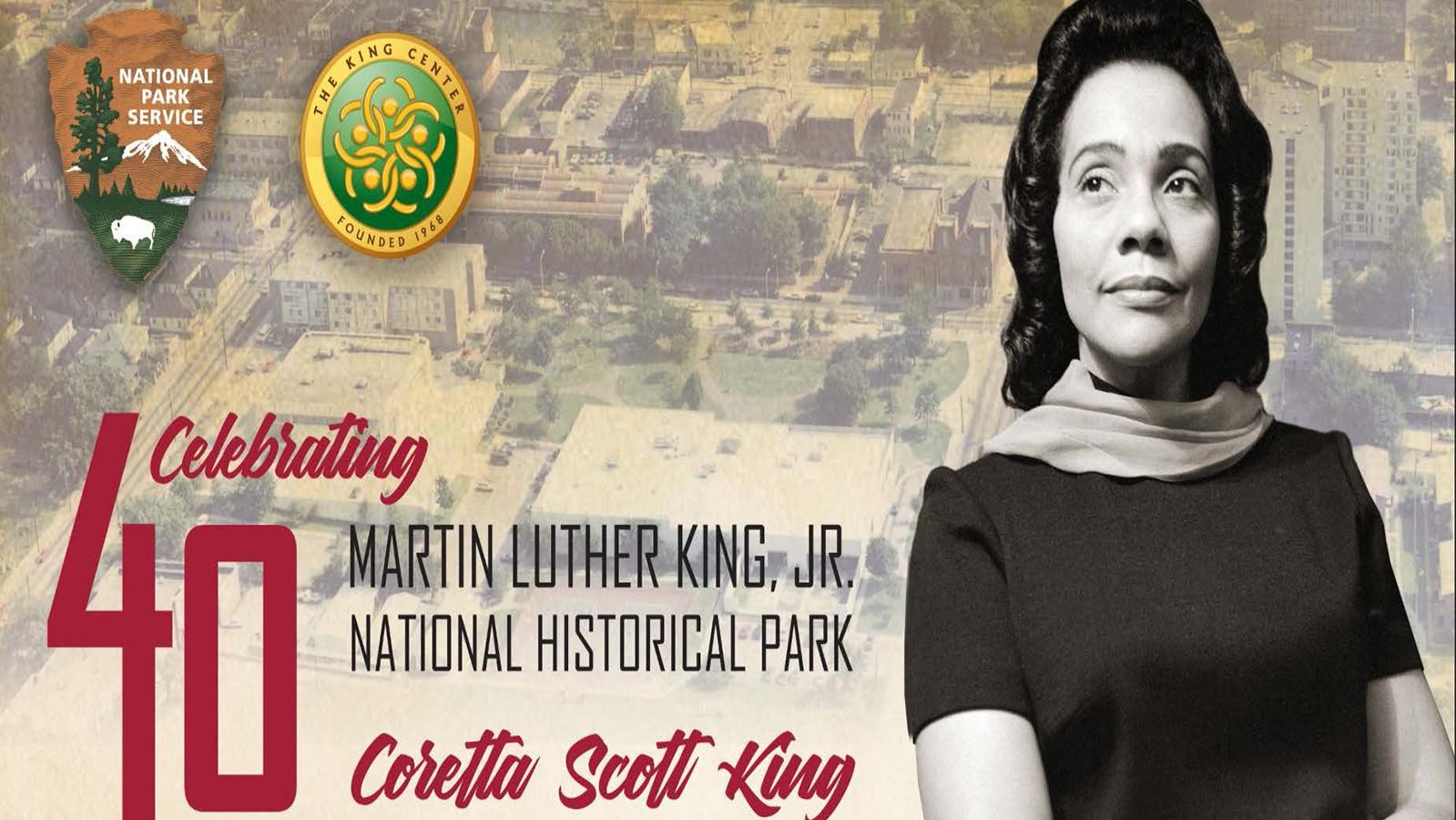 Image with Mrs. Coretta Scott King, the NPS Arrowhead and King Center logo and text about exhibition