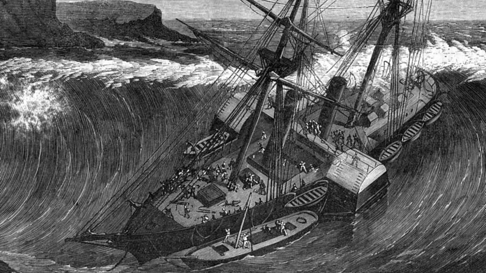 Black and white illustration of a ship about to be swallowed by a wave leaning to to one side. 
