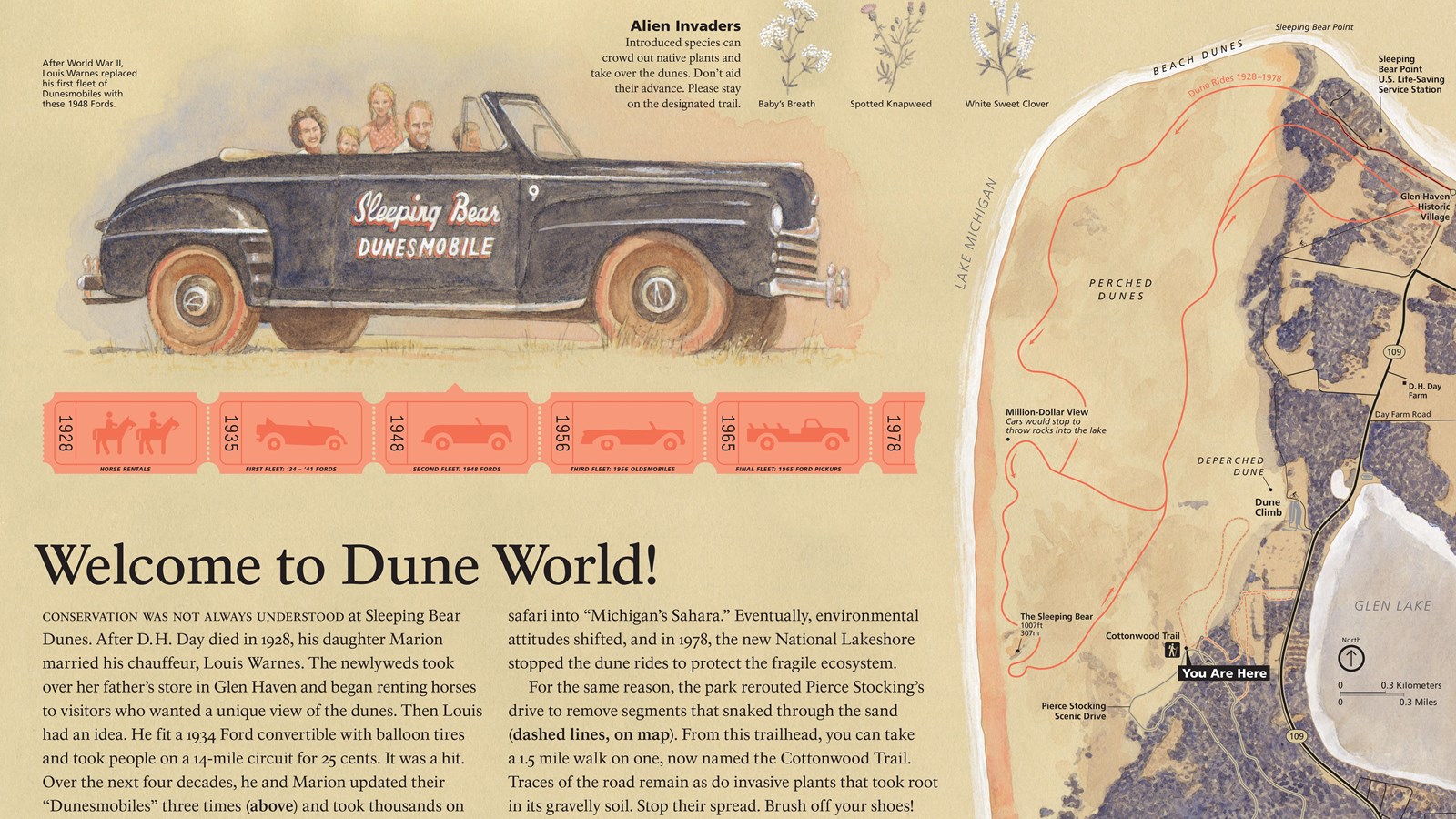 Illustration of car from 1940s with Sleeping Bear Dunes written on side door