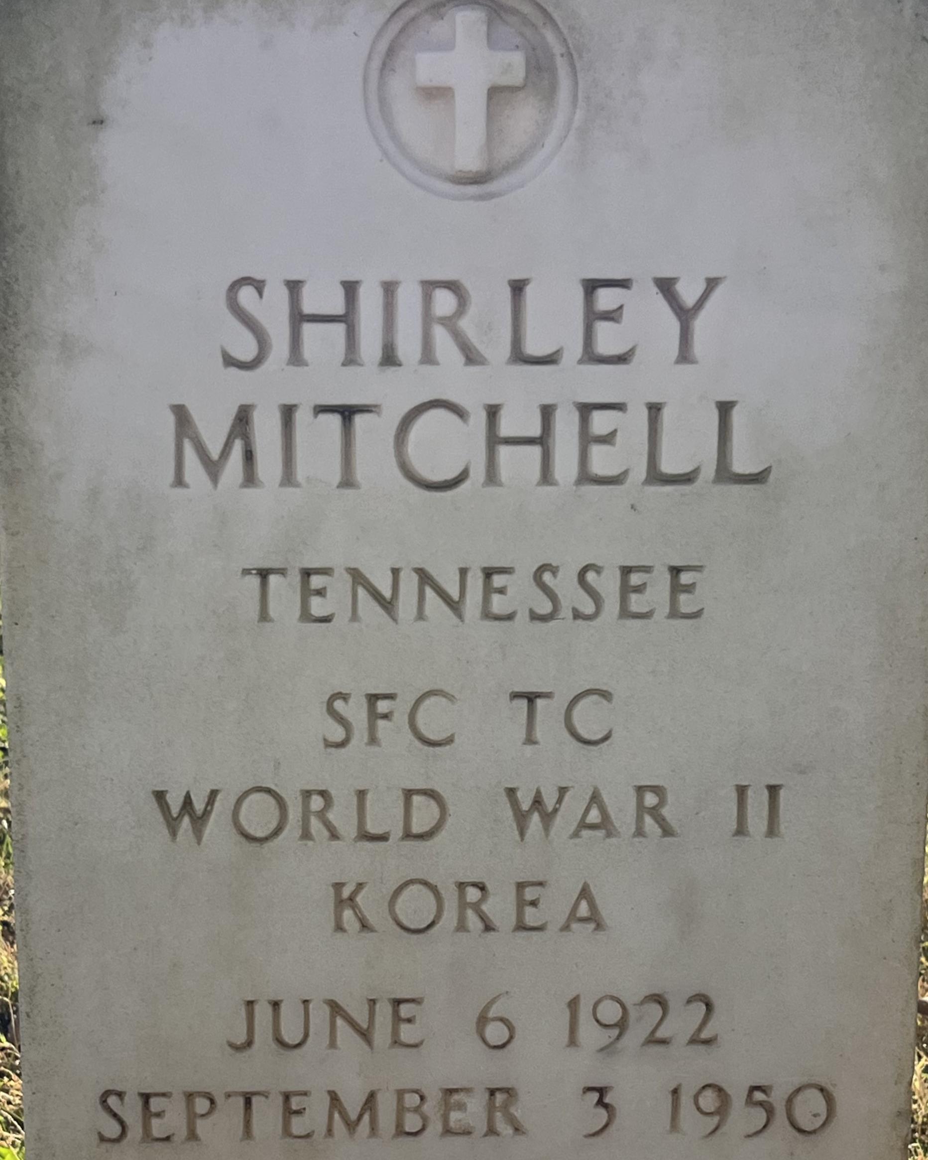 Marble headstone belonging to Shirley Mitchell located in the Stones River National Cemetery. 