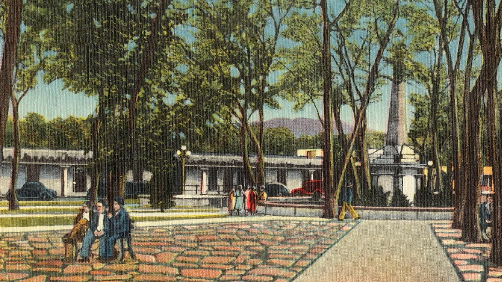 Painted postcard of a central plaza in Santa Fe with 3 men sitting on a bench to the left 