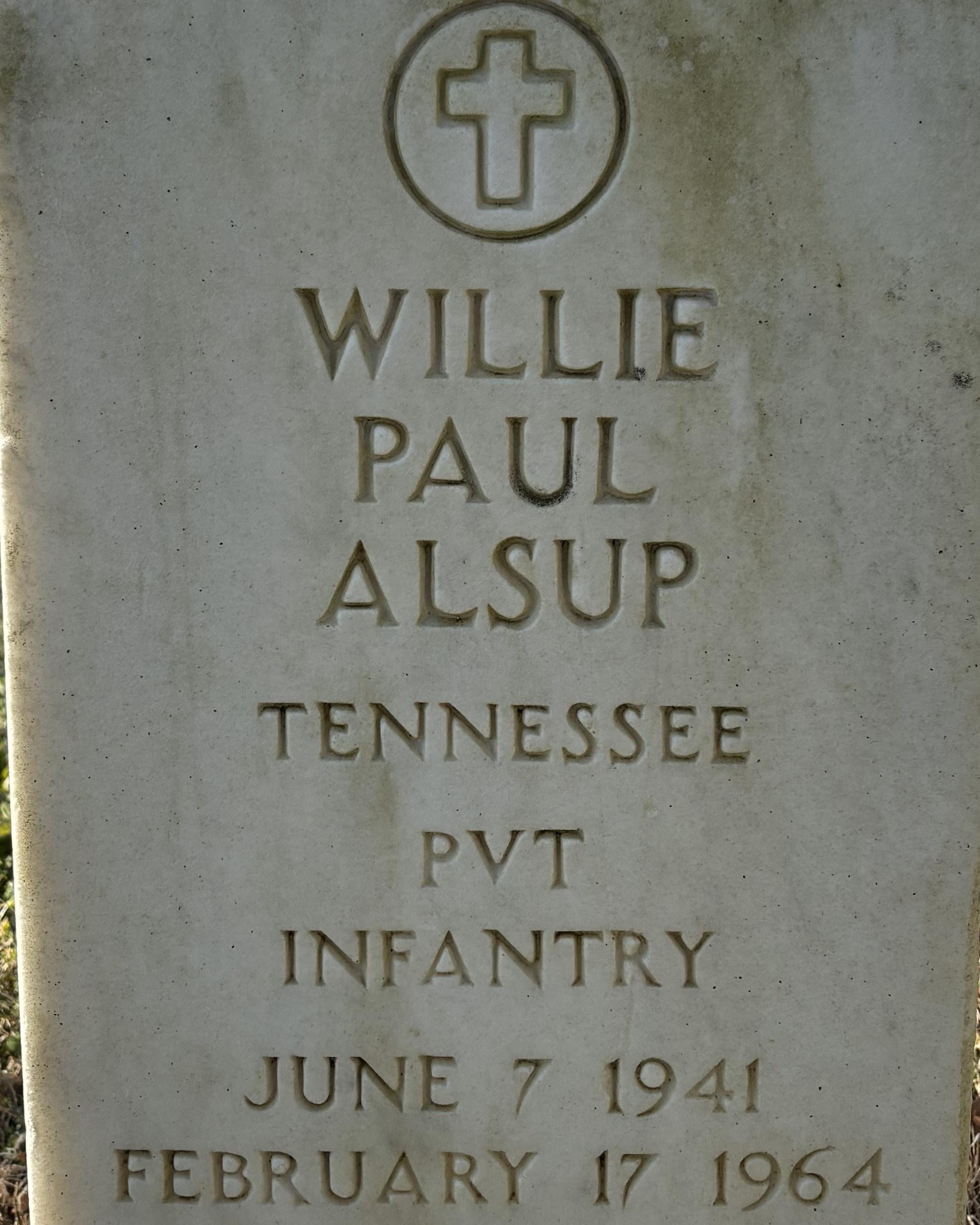 Marble headstone belonging to Willie Alsup located in the Stones River National Cemetery.