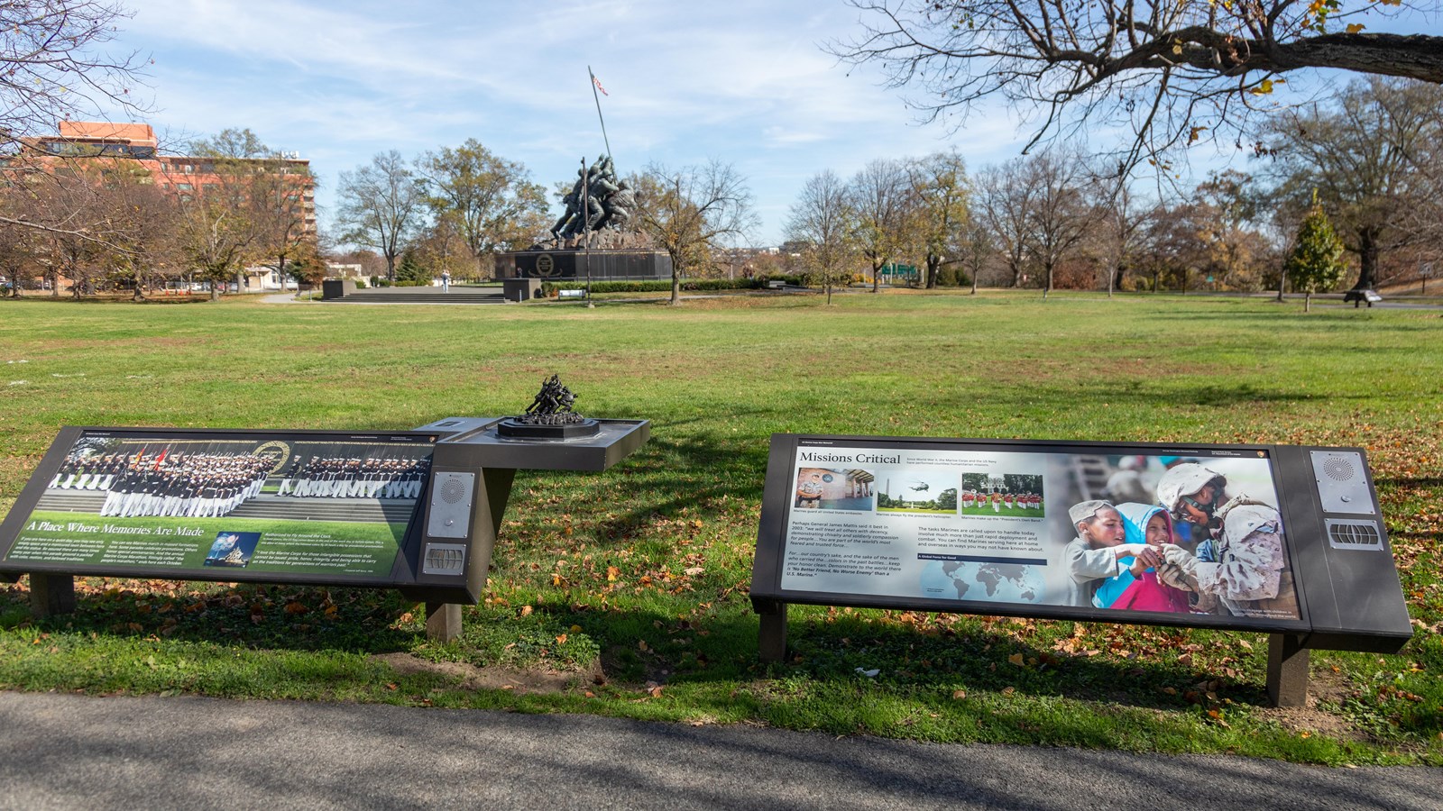 An image of a U.S. soldier with children is next to a photo of soldiers standing in formation.