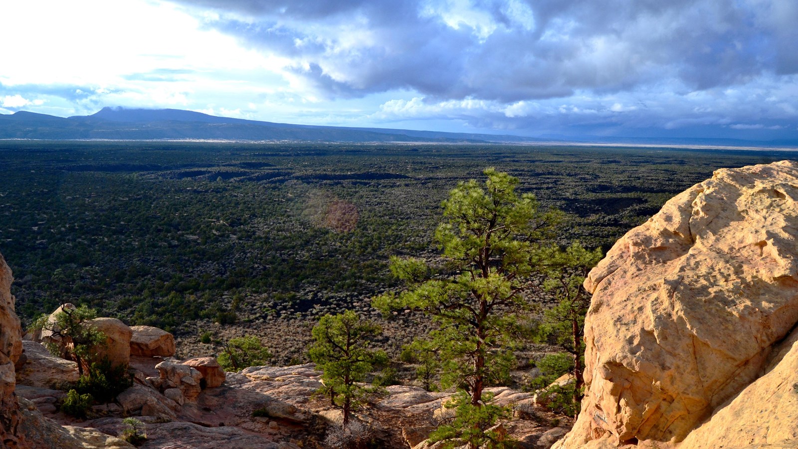 Sandstone bluff dotted with trees in the foreground looking out over dark landscape with clouds