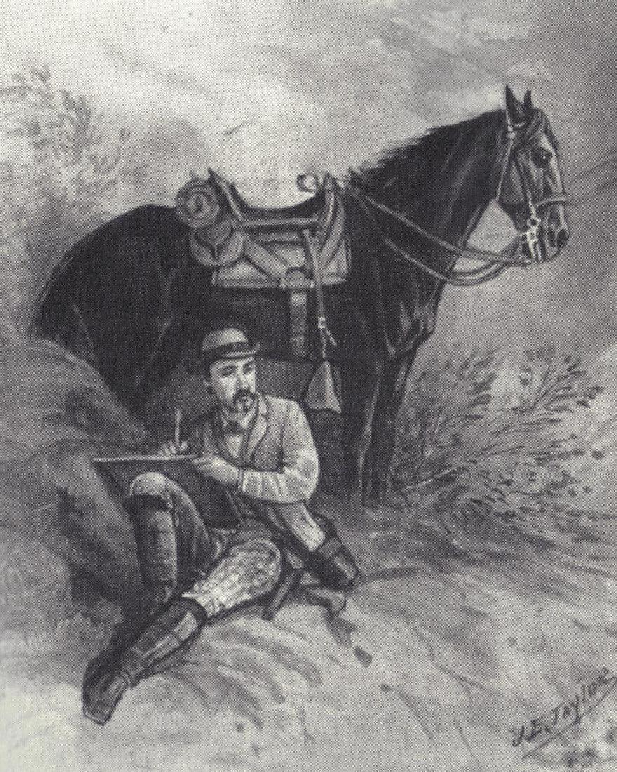 A self-portrait drawing shows an artist seated by his horse, sketching. 