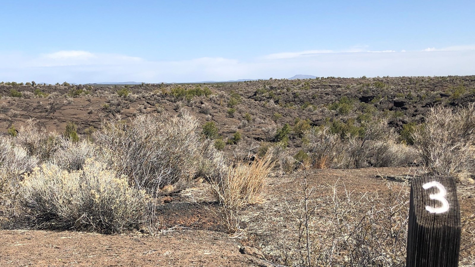 A wood post with a white 3 before rolling ridges of lava leading to a line of rubble on the horizon