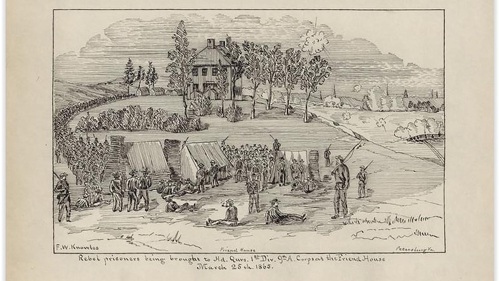 Historic drawing of prisoners taken past Friend House and Battery 8.