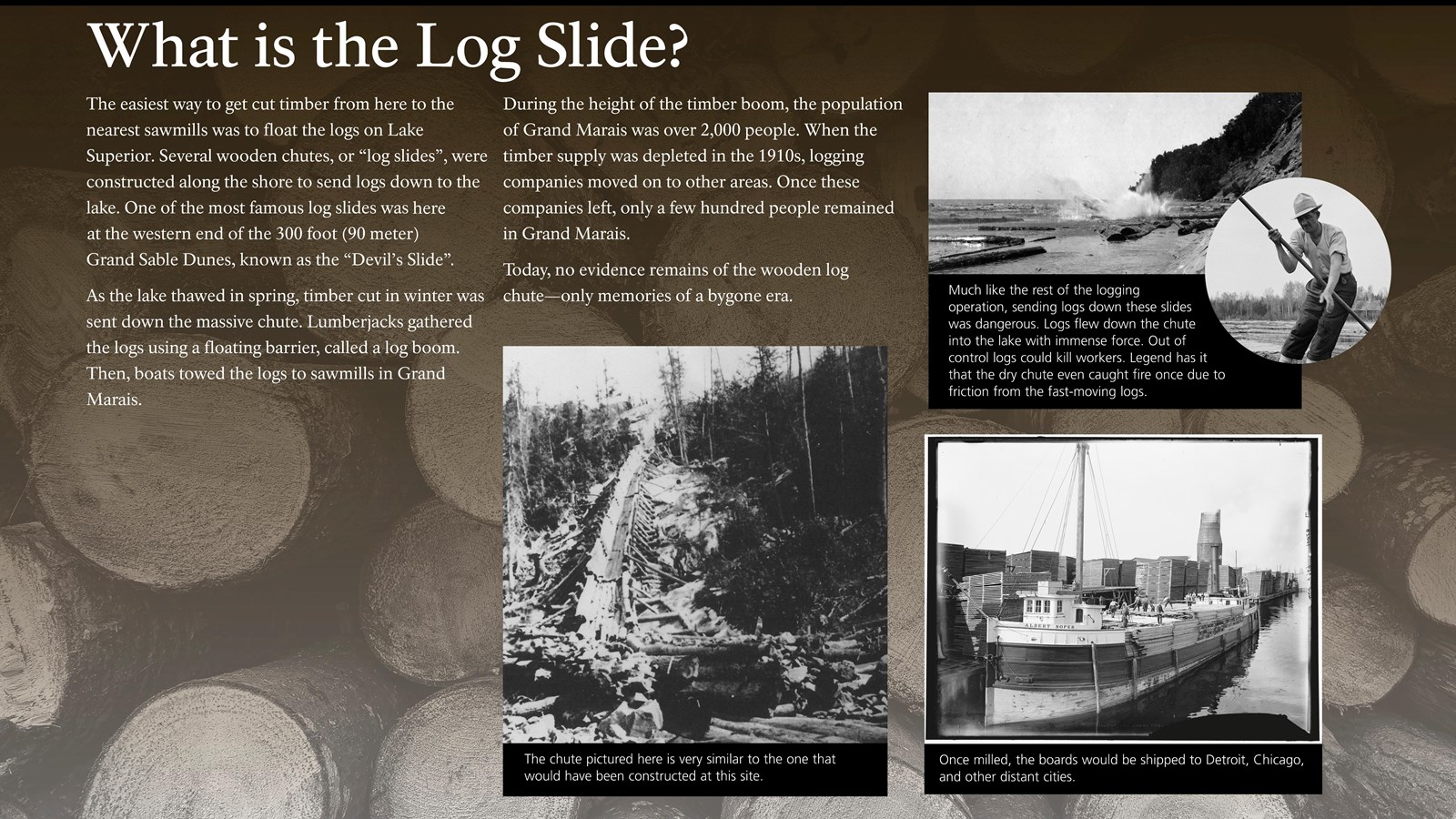 A wayside describing the logging industry in what is now Pictured Rocks National Lakeshore