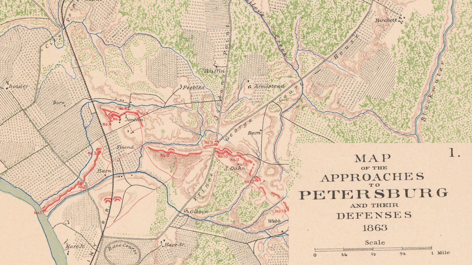 Map of Petersburg, with red-line indicating Dimmock Line. North-eastern corner of city and line.