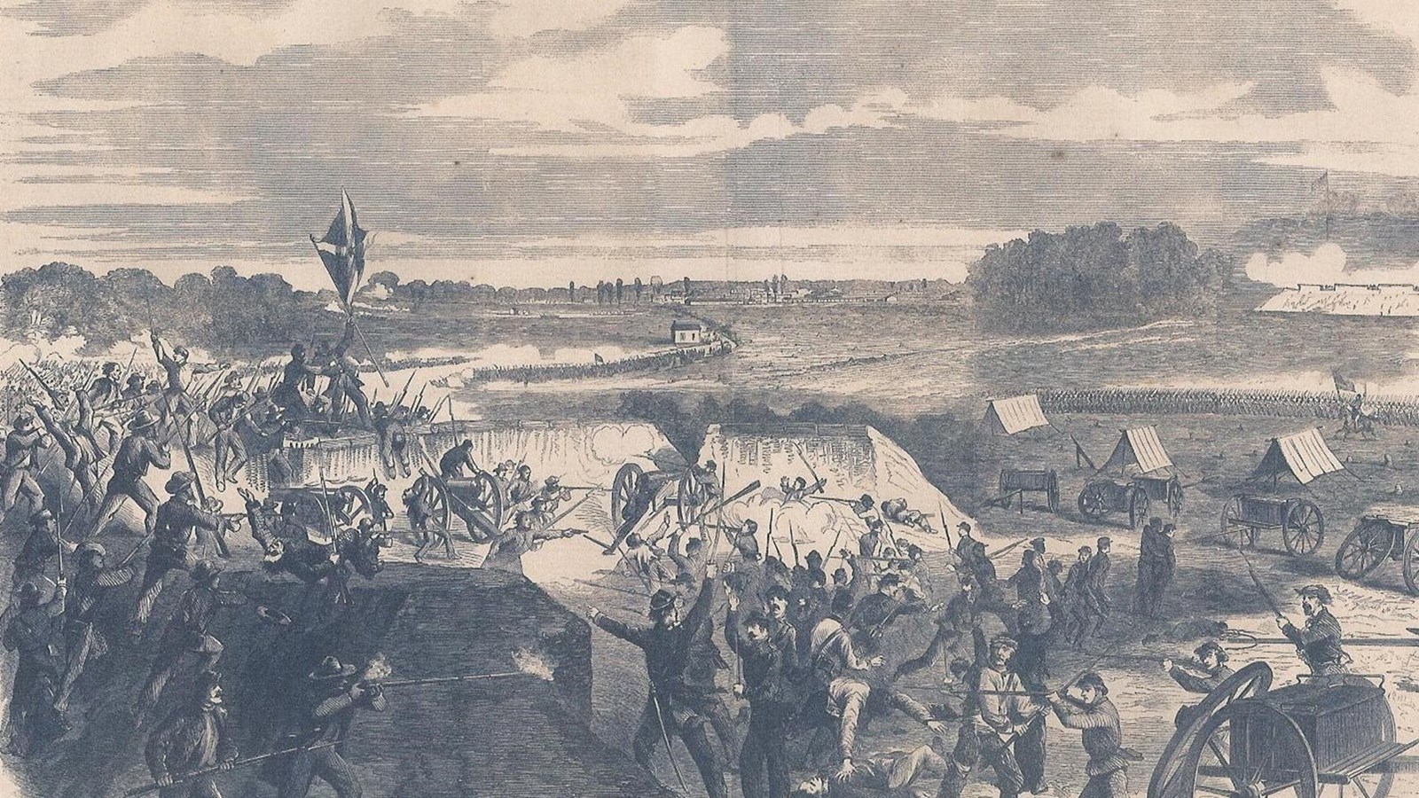 Sketch of Confederate breaching the walls of Robinett