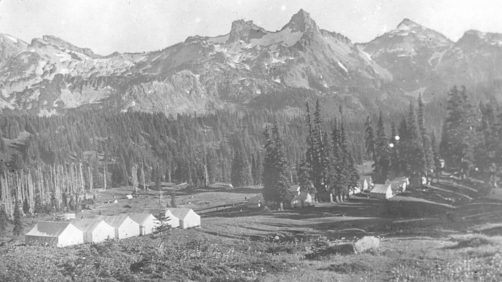 A row of tent cabins in a grassy meadow surrounded by conifer trees and snowy, jagged mountain peaks