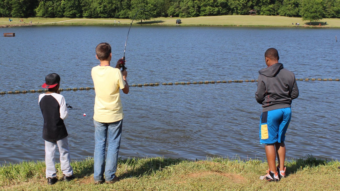 Three young boys fishing on a clear day. 