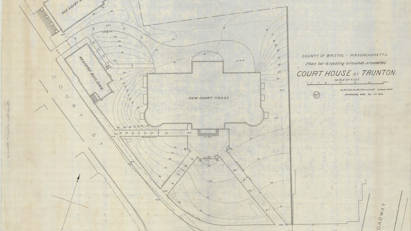 Pencil drawing of building with paths leading to it and topographical lines