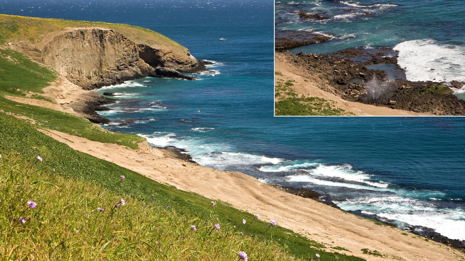 Steep cliffs along coastline.