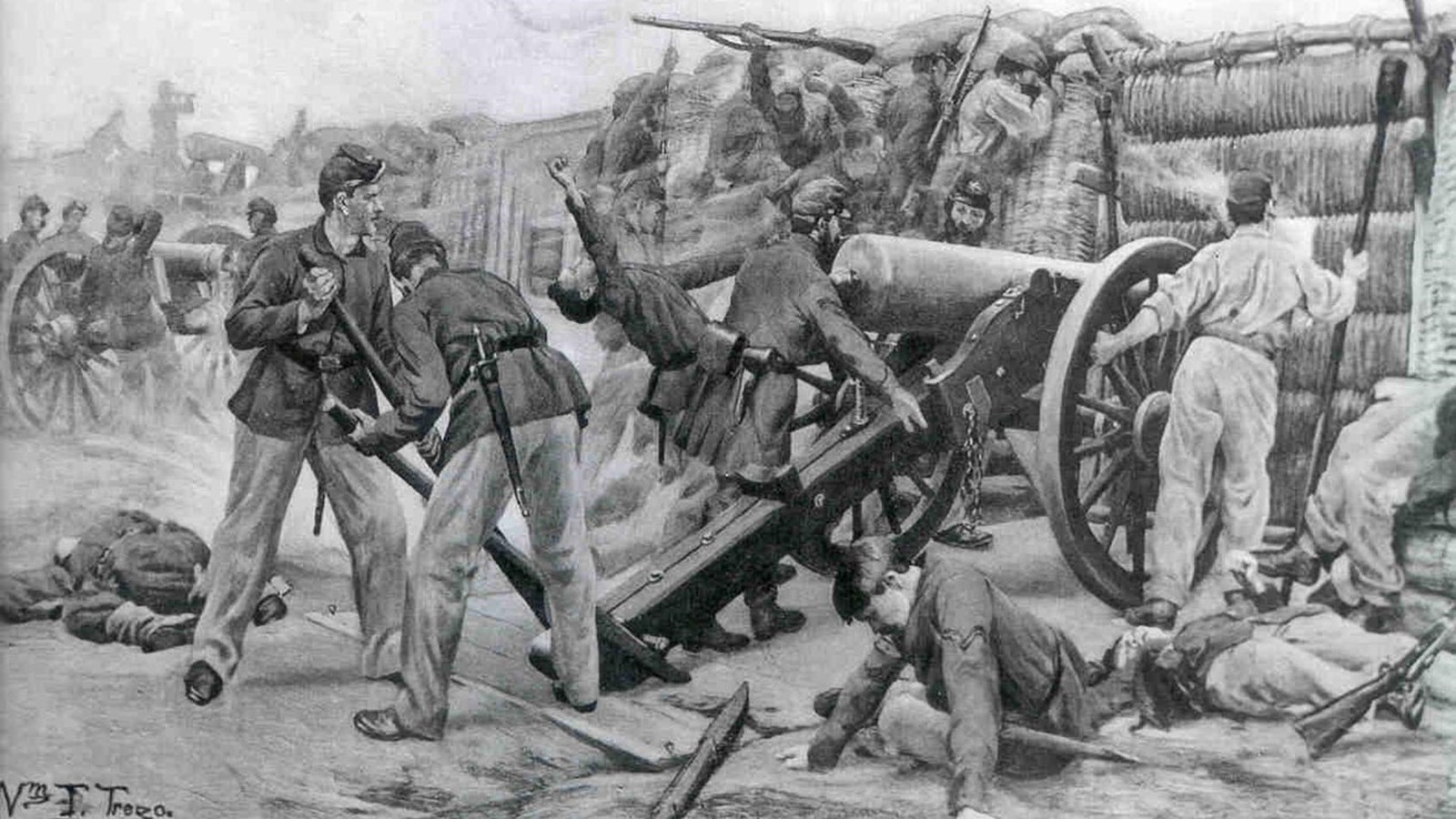 Black and white painting of men actively firing a cannon in Fort Haskell. Painted in 1893.