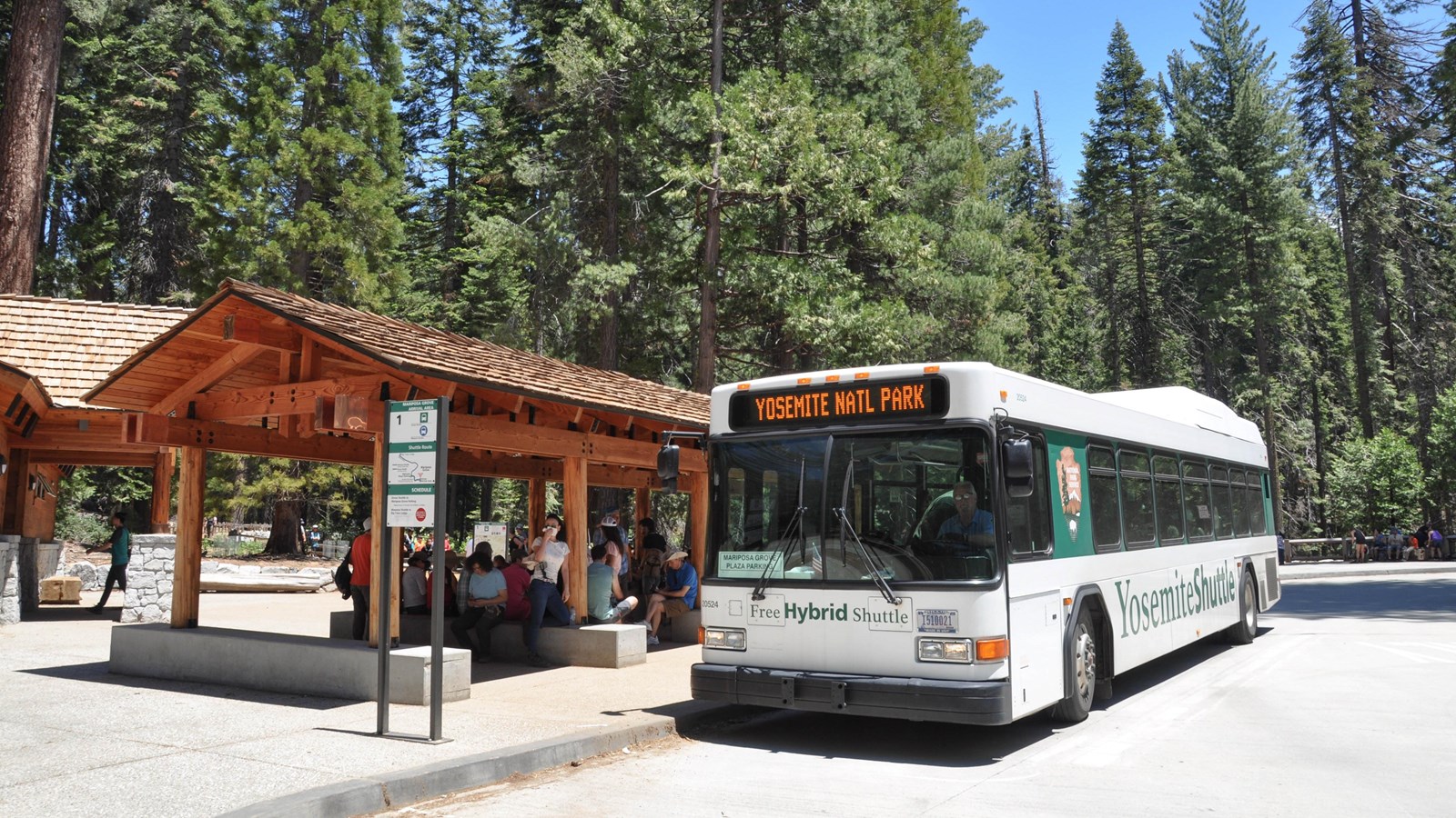 Bus at covered bus shelter in Mariposa Grove