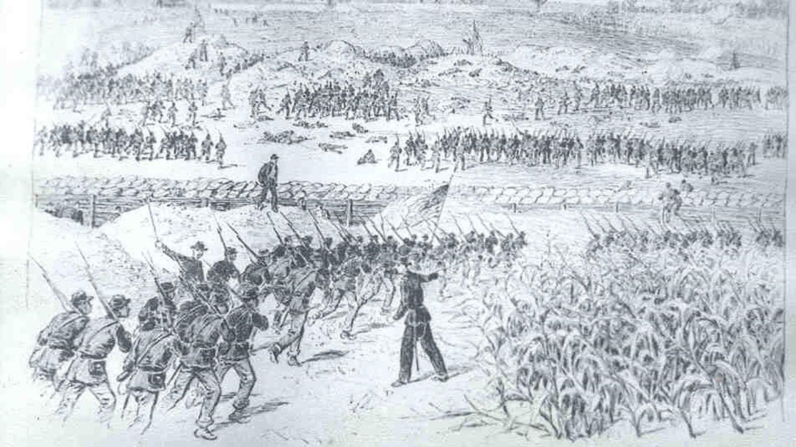 Black and white drawing of the U.S. assault on the crater. Many soldiers running towards a crater.
