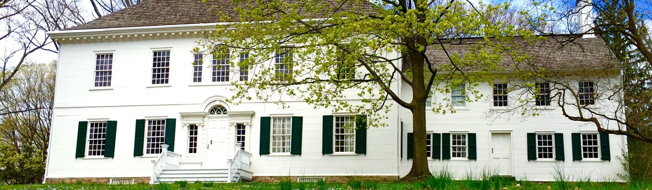 The white Ford Mansion sits among green grass and purple flowers.