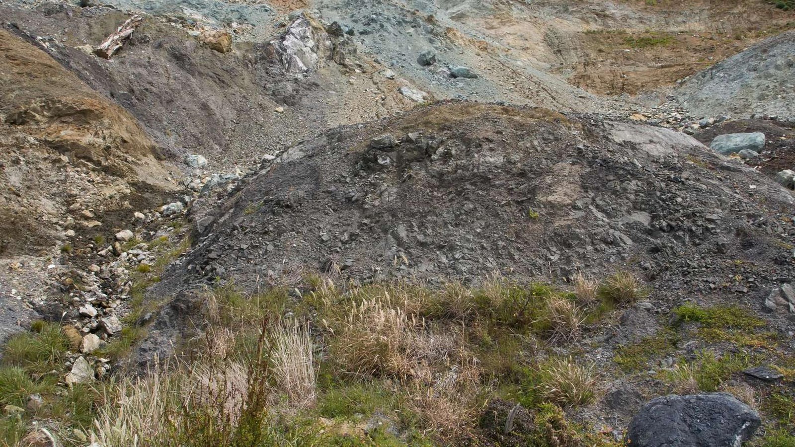  Mélange on the coastal bluffs with areas of greenish serprentinite rocks above and gray mudstones.