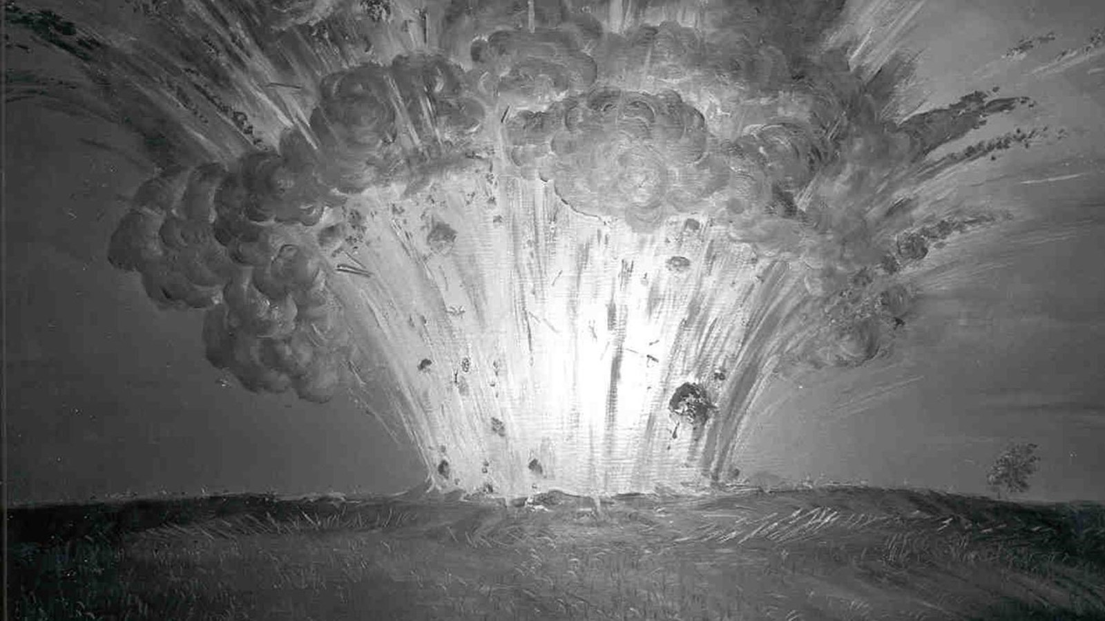 Black and white drawing of the crater explosion, of the top of a hillside lifting like a volcano.