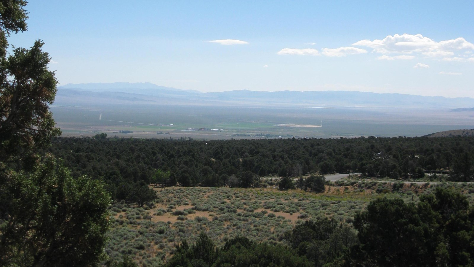 A spotted green sagebrush meadow in the foreground with a large valley stretching to mountains.