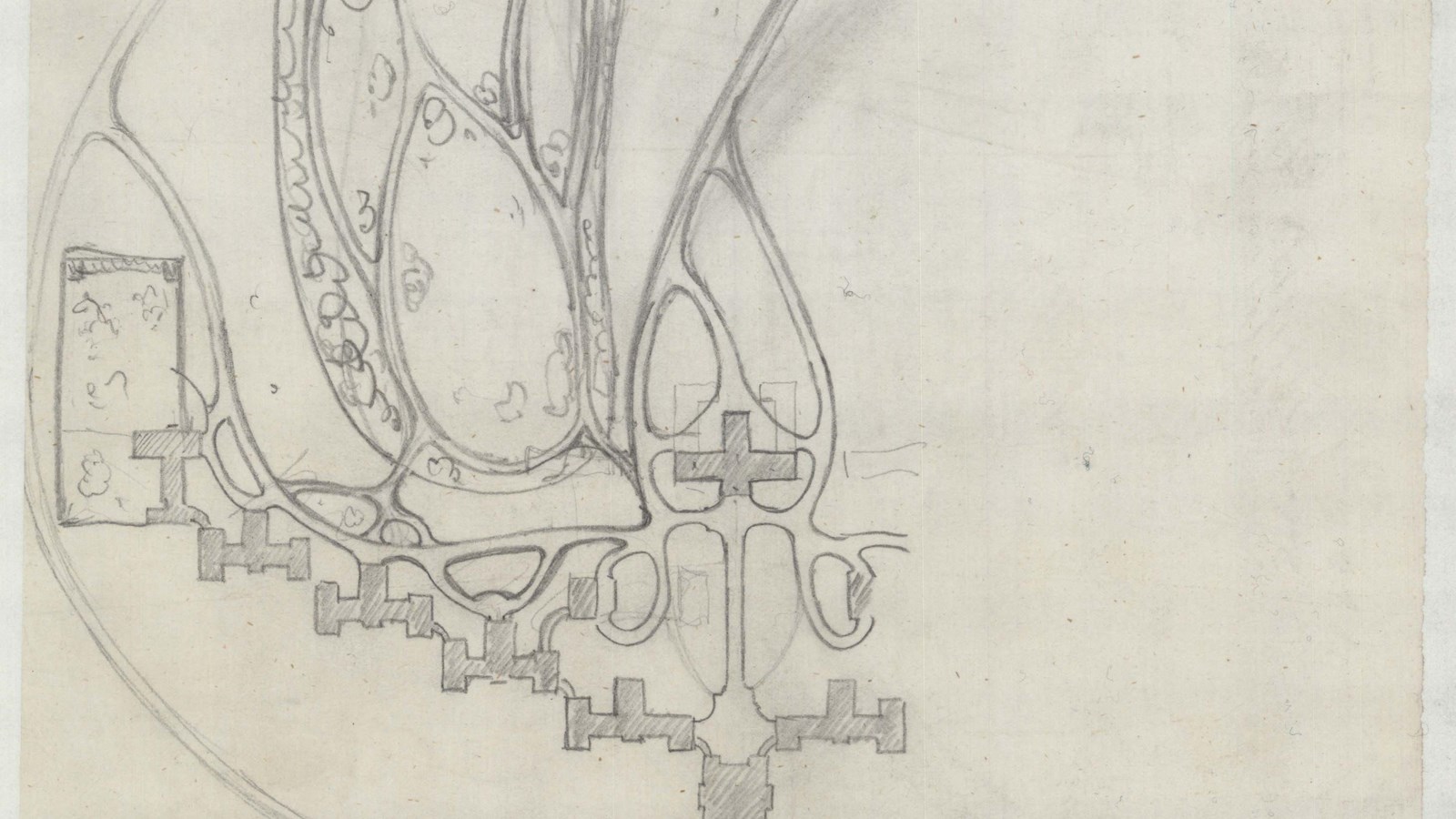 Pencil drawing of building with curving paths leading to each other and open lawn area