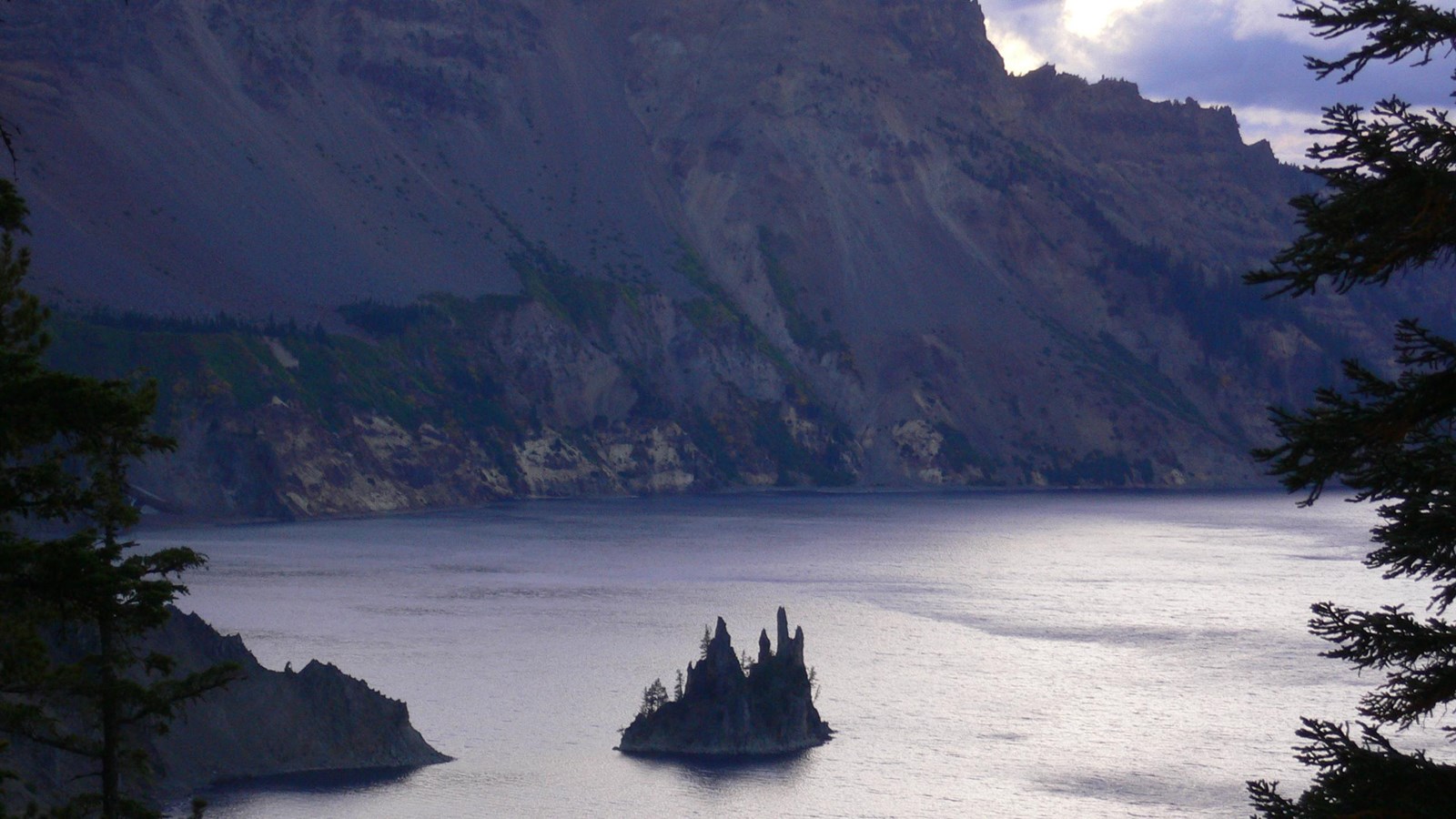 View of the Phantom Ship at sunset, one of two islands in Crater Lake.  
