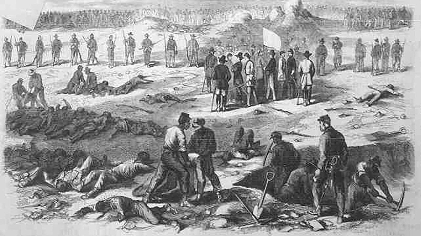 Black and white drawing of the burial of dead after the Battle of the Crater in mass graves.