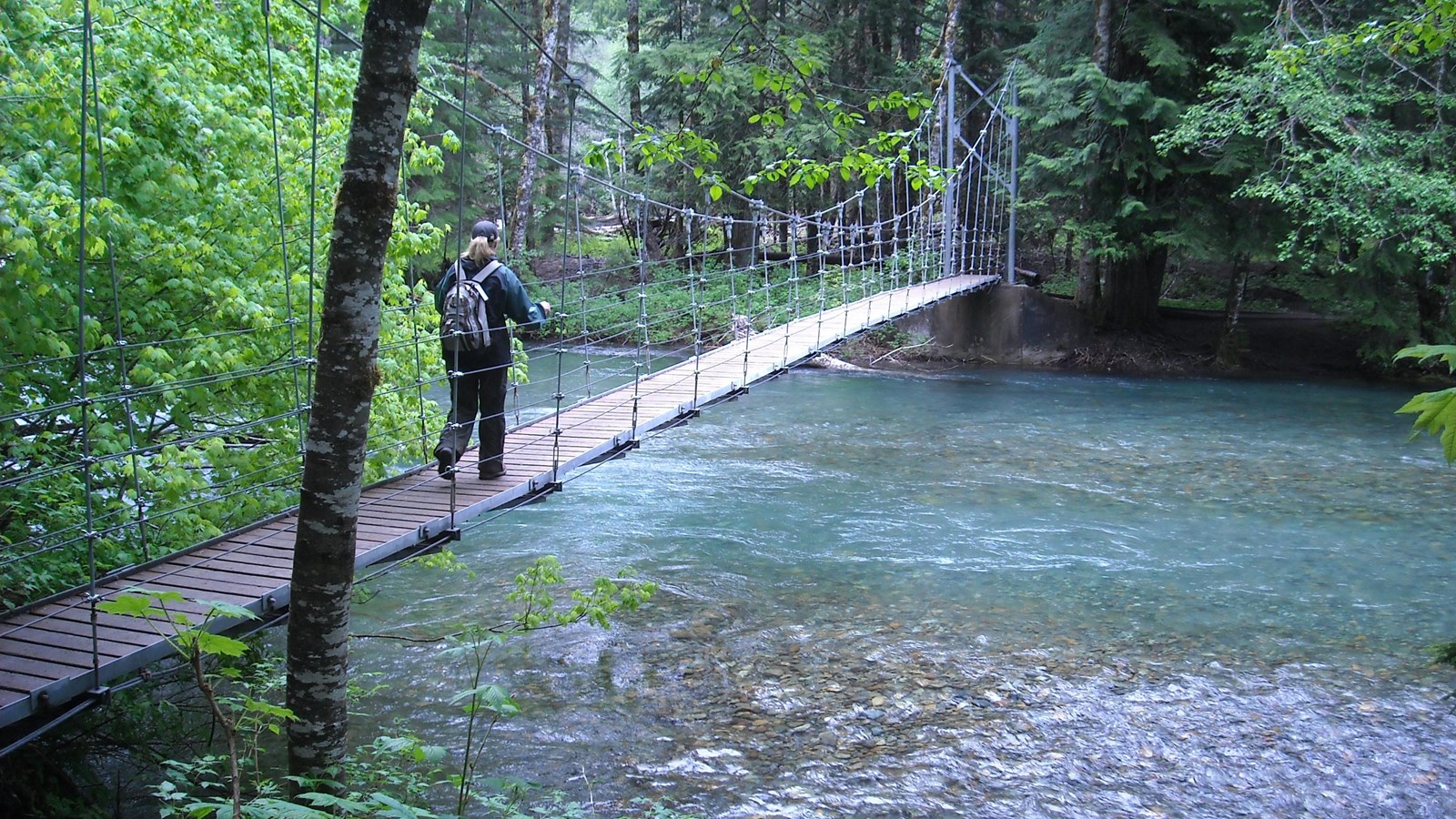 A hiker walks across a suspension bridge in the forest above bright blue water.