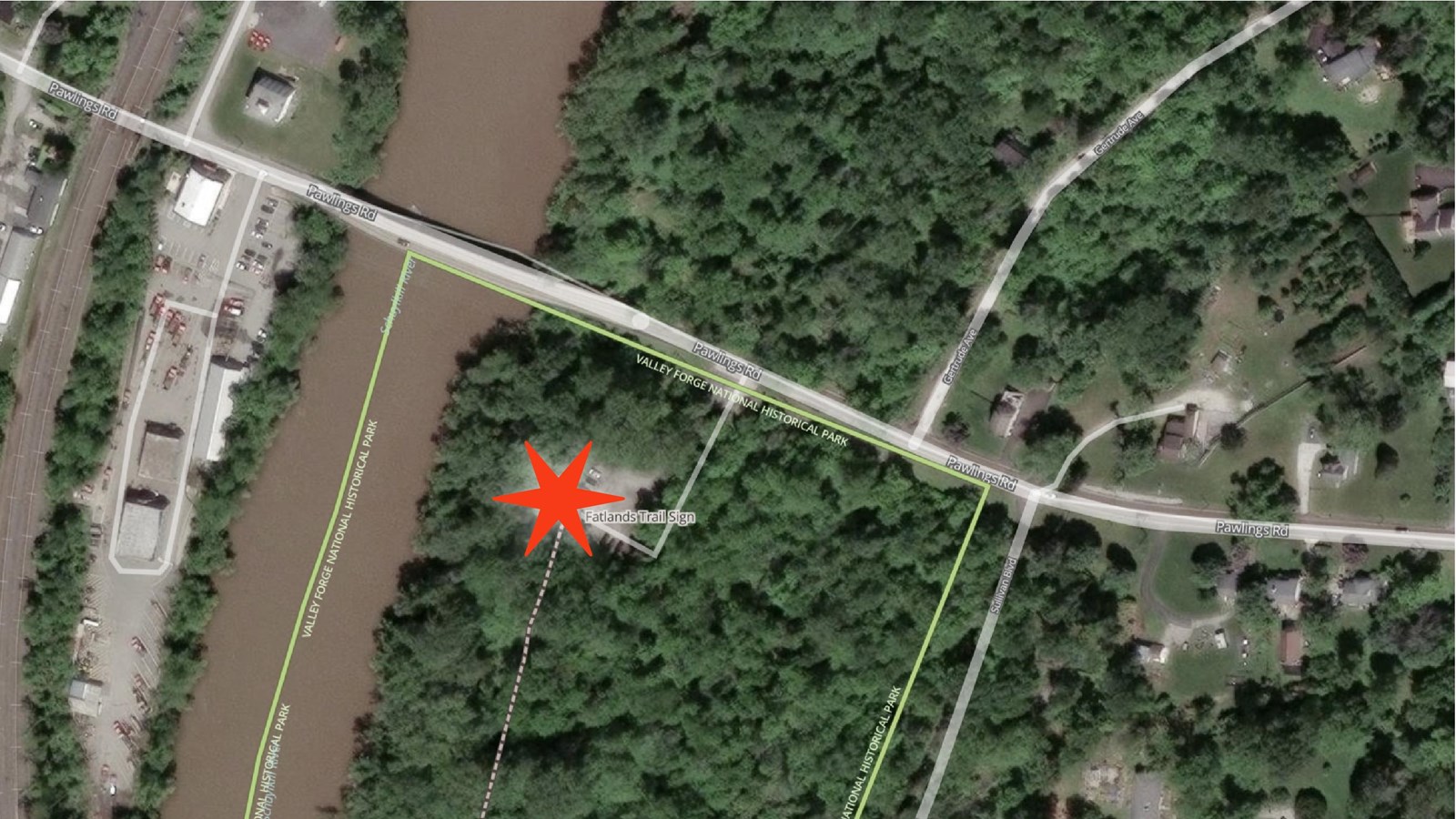 Aerial photo of Fatlands trailhead area with star in parking lot marking pick up drop off location