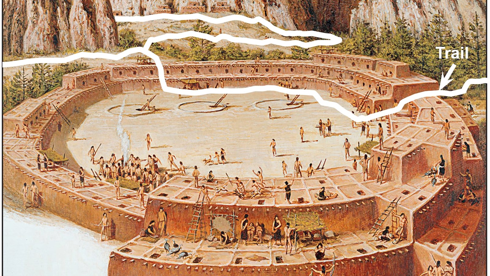a drawing of Ancestral Pueblo village full of people & animals, the village stands 2 stories tall