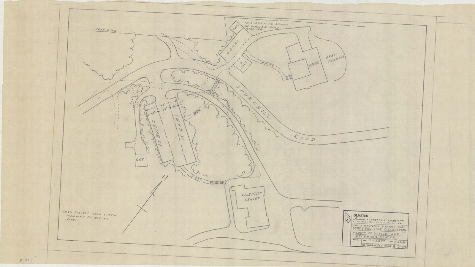 Pencil plan of several buildings with curving roads and trees seprating them