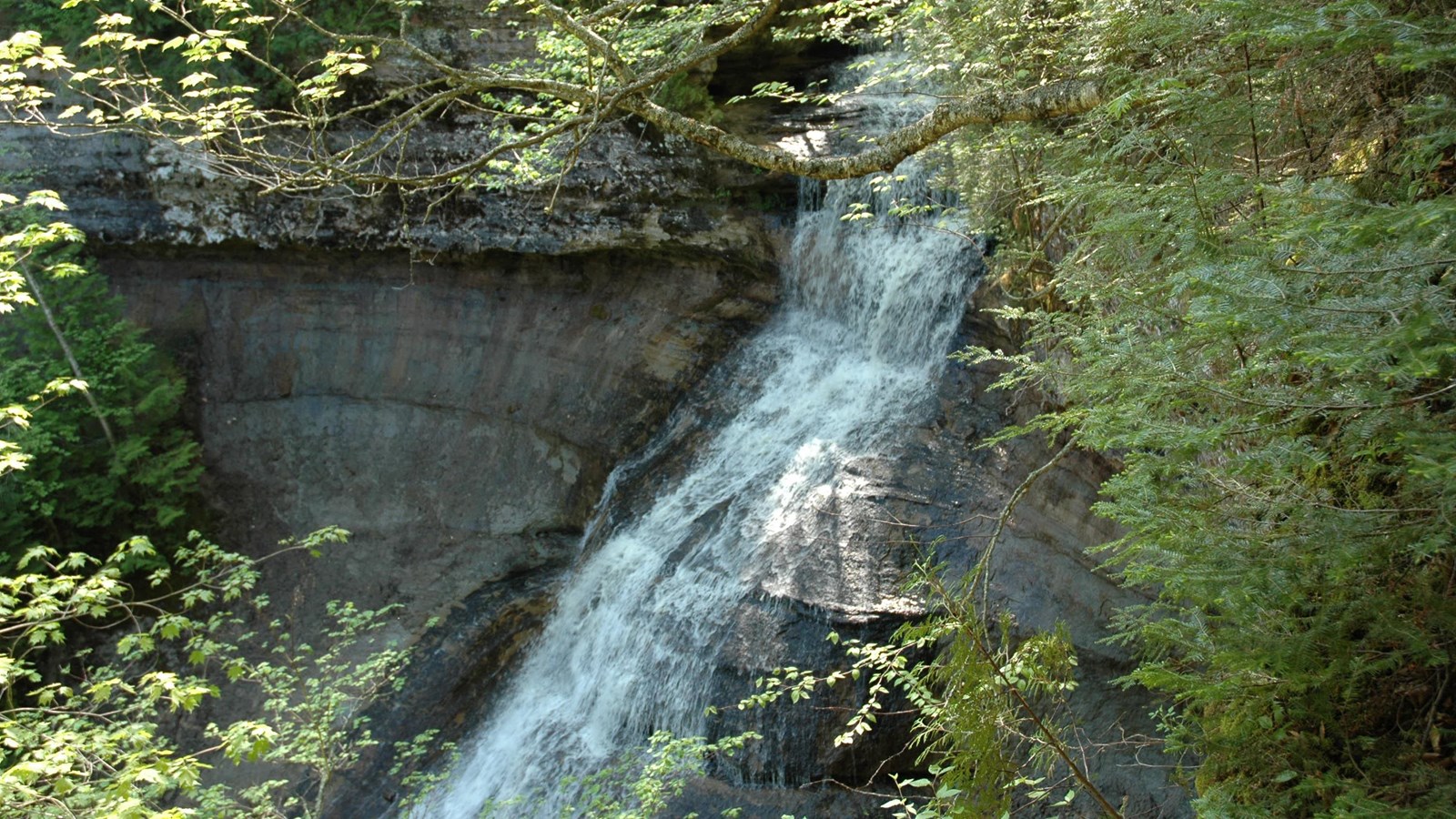 Chapel Falls flows along the angled cliff slope from top to bottom