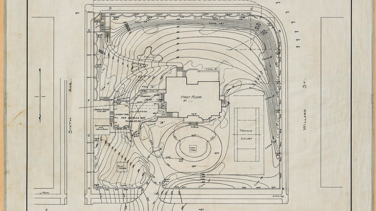 Pencil drawing of large home with topographical lines