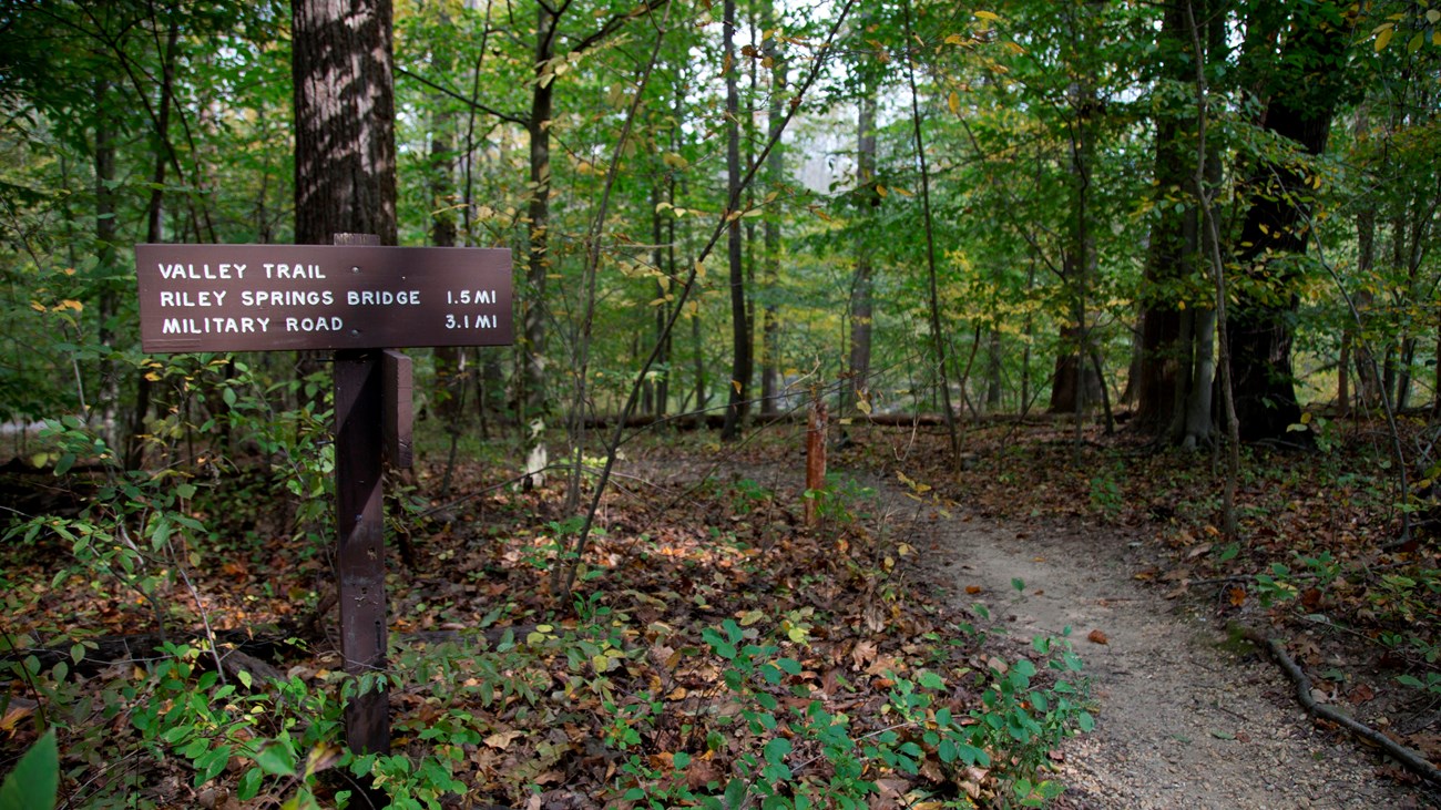 A brown and white sign with a trail in the background.