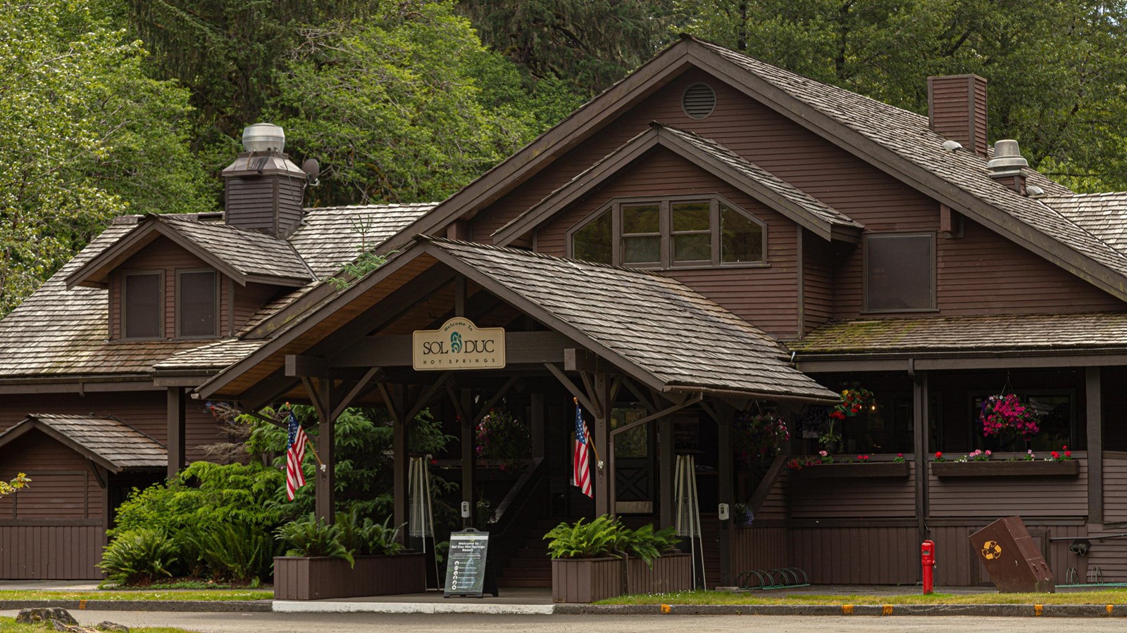 A wooden lodge building