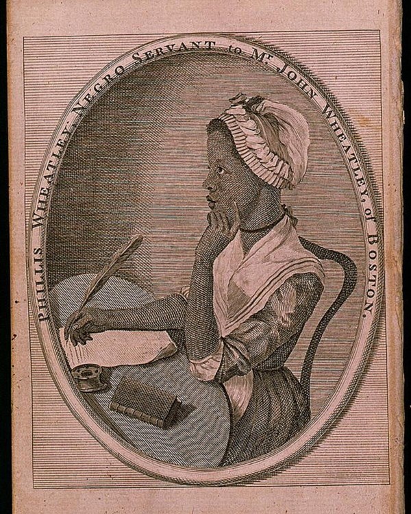 Sketch engraving of a Black poet Phillis Wheatley sitting at a table.