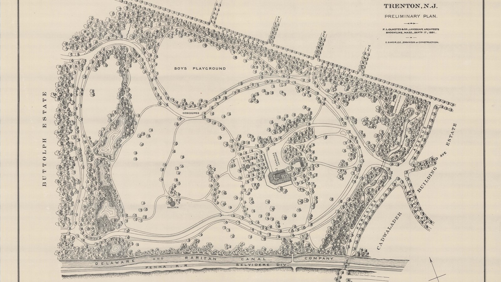 Plan of park lined with straight lines with trees, curving paths going through with open space.