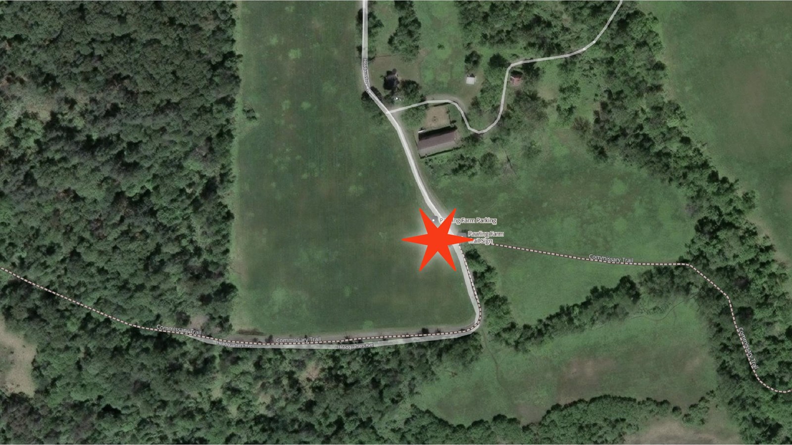 Aerial photo of Pawing Farm area with star in parking area marking pick up drop off location