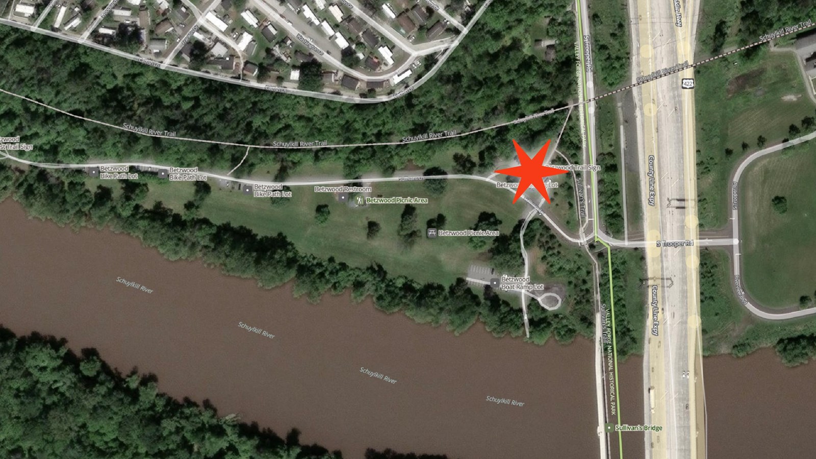 Aerial photo of Betzwood area with star in parking lot marking pick up drop off location