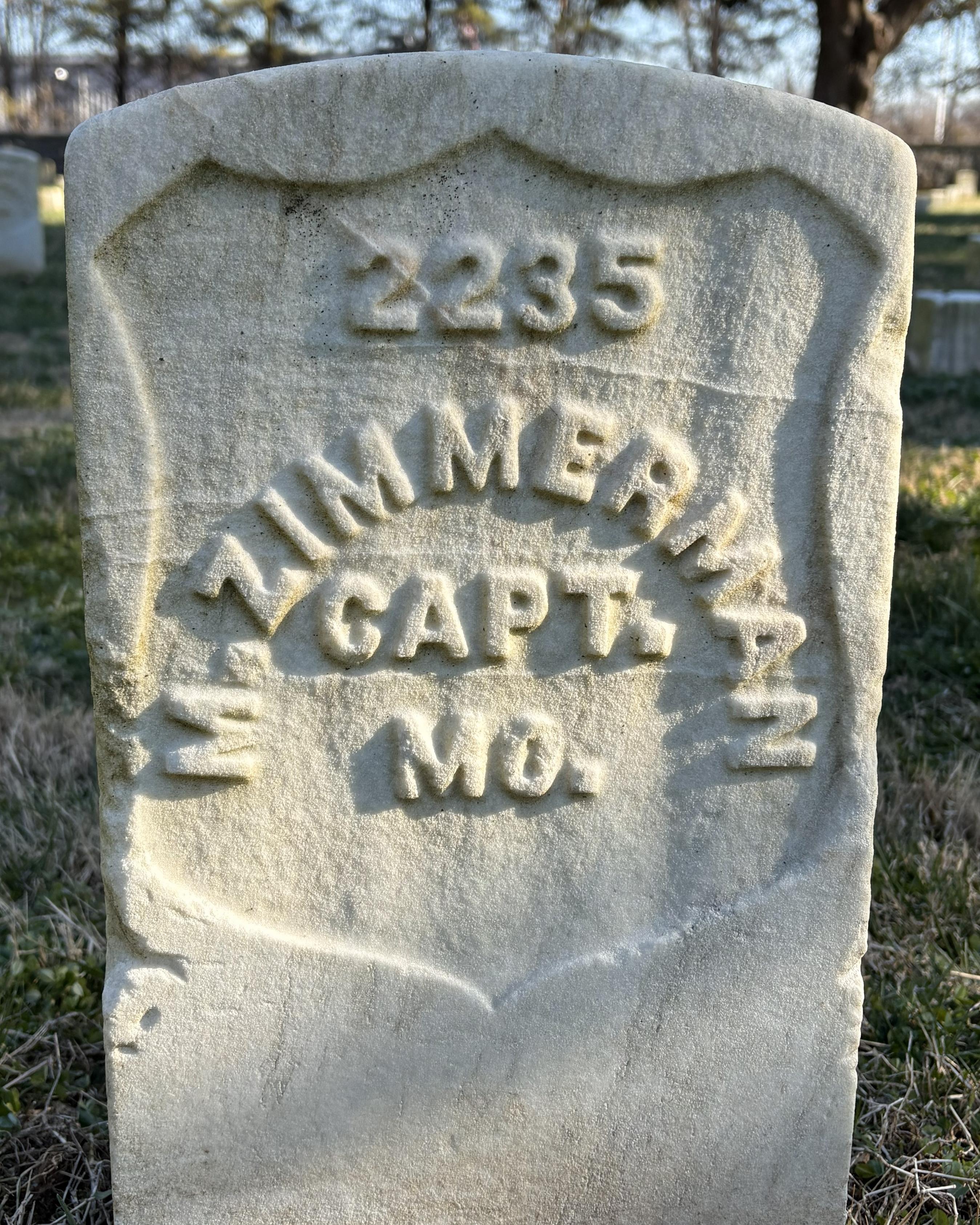 Marble headstone belonging to Johann Zimmerman in the Stones River National Cemetery.