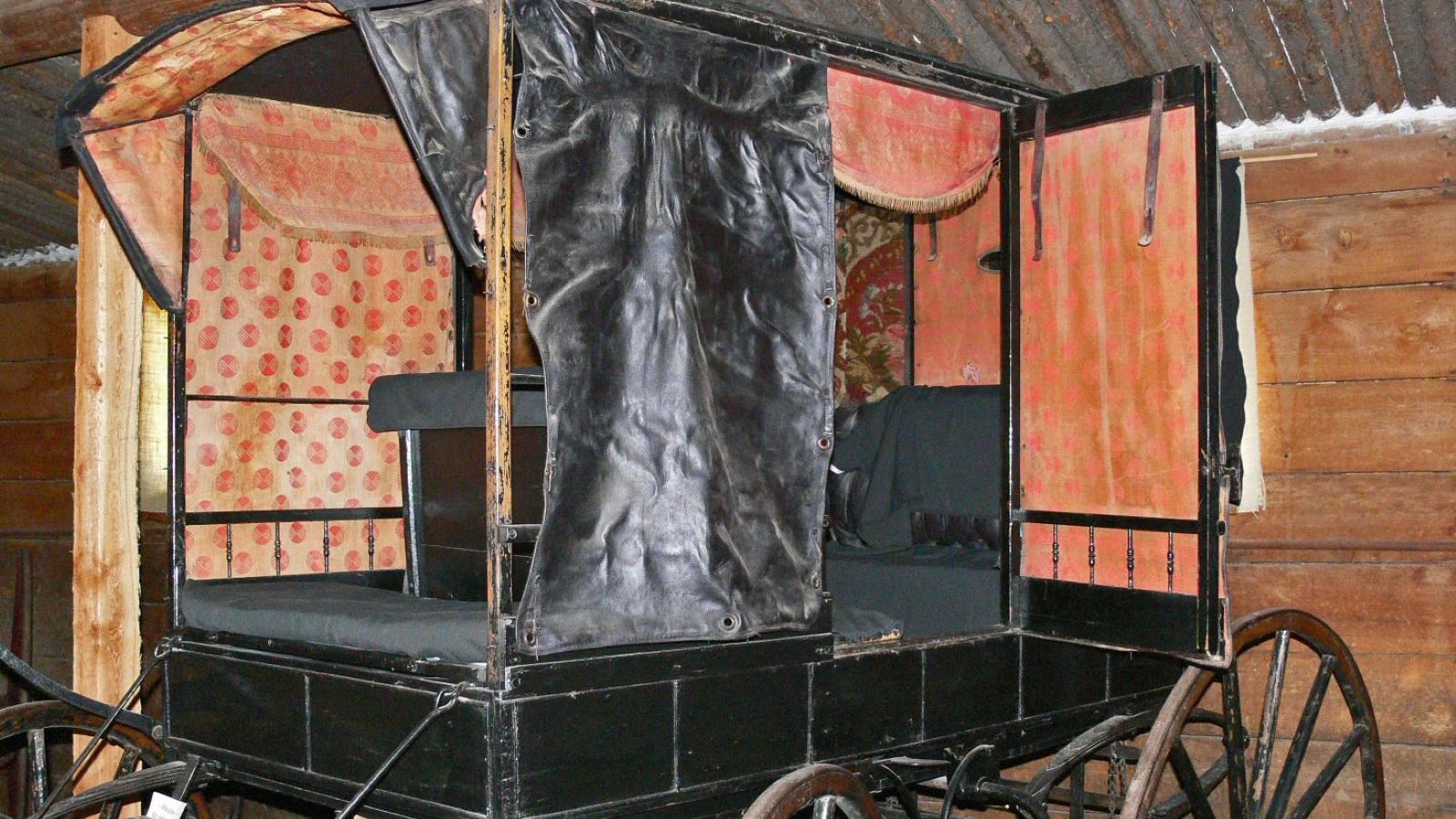 This Dougherty wagon is located on display inside of thoroughbred barn at Grant-Kohrs Ranch.