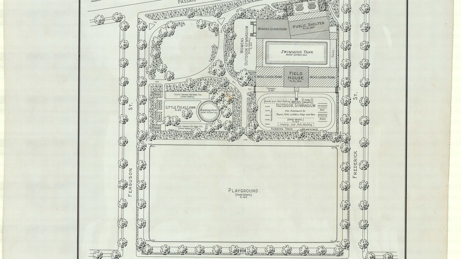 Plan of rectangular park with large playground area, some buildings, with curving tree lined path