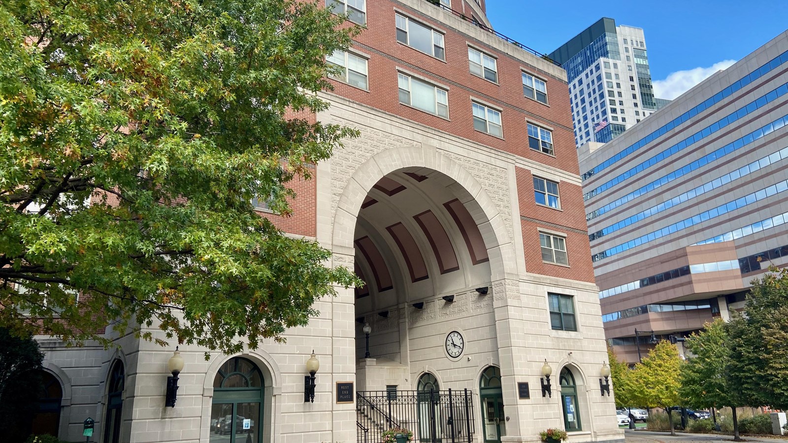 the arched entrance of a residential building